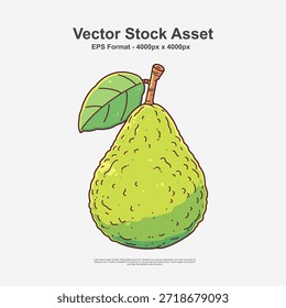 Green pear fruit with stem in hand drawn doodle art style. This fresh fruit illustration is a clean vector design in EPS format, perfect for healthy food themes and natural botanical artwork.