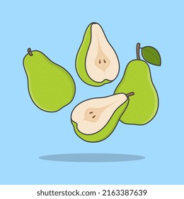 Green Pear Fruits Cartoon Vector Illustration. Falling Sliced Pear Fruit Flat Icon Outline. Flying Pear Fruits