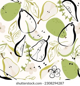 Green Pear Fruits and leaves black outline Seamless Pattern. Summer hand drawn juicy vector illustration on beige background for greeting card, fabric, kitchen textile, wallpaper or wrapping paper