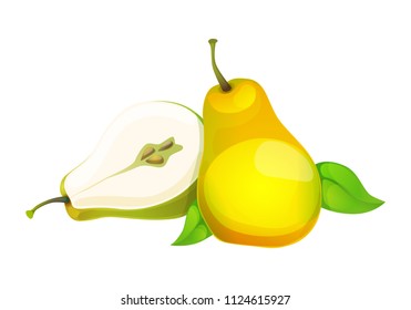 Green pear with a half. Pears with leafs.  Vector pear isolated on white background. Pear vector.