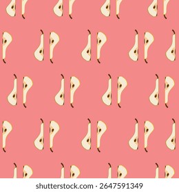 Green Pear Halves on Rose Background. Seamless Pattern Design
