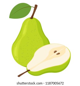 Green pear isolated on white background. Vector illustration. Cut green pear