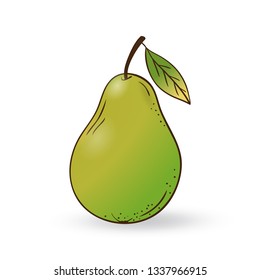 Green pear isolated on white background. Vector illustration. Hand drawn yellow pear. Decorative retro style pear product for restaurant menu, market label