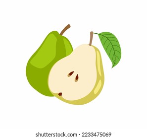 Green pear isolated on white background. Vector illustration. Cut yellow pear.