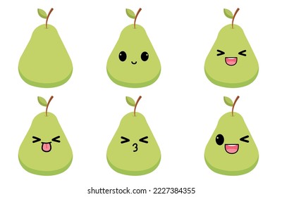 Green pear with kawaii eyes. Flat design vector illustration of red apple 
on white background.