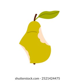 Pera verde com folha e lados mordidos para comer e desfrutar de ilustração de vetor de frutas