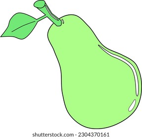 Green pear with leaf. Isolated green fruit. Simple drawing to vector.