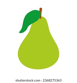 pera verde con hoja aislada en fondo blanco, dibujo plano de dibujos animados, ilustración vectorial de la fruta