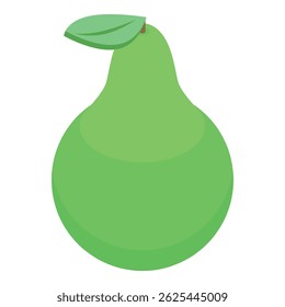 La pera verde con una hoja está de pie sobre un fondo blanco
