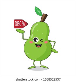 The green pear is the mascot shape that is holding up the discounted writing above its right hand