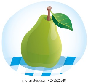Green pear on a checkered tablecloth.