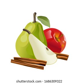 Green pear red apple cinnamon sticks on a white background as a packaging design element. Pieces of fruit. Vector image.