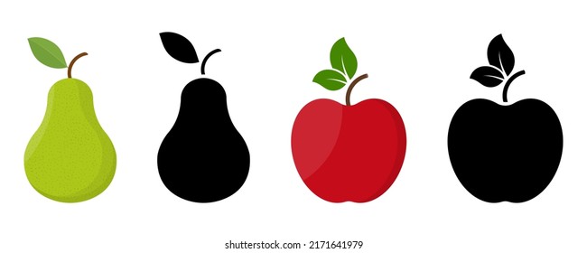 Green pear and red apple vector illustration. Black silhouette apple and pear. Ripe sweet fruit. Healthy food.