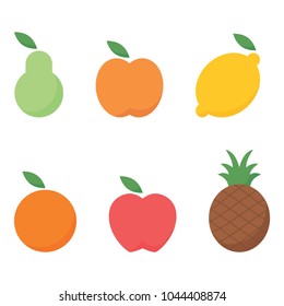 Green pear, red apple, yellow lemon, mandarin, pineapple, apricot, vector, six fruits on white background