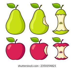 Comer pera verde y pera roja. Fruta entera, falta mordedura y núcleo sobrante. Conjunto simple de ilustraciones vectoriales aisladas.