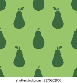 Green Pear Seamless Pattern, in Flat Design Style. Hand Drawn Pear Fruits on Green Background, Simple Repeating Design. Summer Illustration