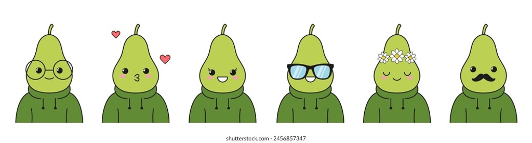 Green pear set character cartoon cute beautiful fruit glasses smiling love happy joy vector illustration.