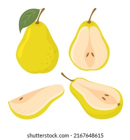 Green pear set. Sliced pears collection. Slices, whole and half fruits. Vector illustration in cartoon flat style.