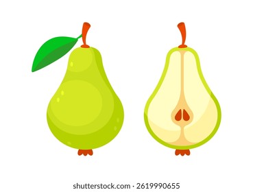 Green Pear Showing its Whole and Halved Version with Seeds