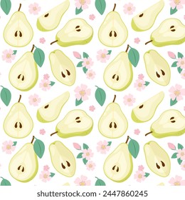 Rodajas de pera verde en estilo plano. Mitades de pera con flores. Patrón con pera madura sobre un fondo transparente. Patrón sin costura para el textil, papel de embalaje, fondo.