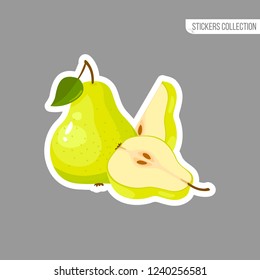 Green pear sticker isolated on white background. Bright vector illustration of colorful half and whole of juicy pear. Fresh cartoon pears.