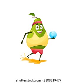 Green pear summer fruit on rest isolated cartoon character with beach volleyball ball in hands, sportive cloth. Funny pear with leaf on vacation rest, exotic food emoticon active hobby sport