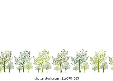 Green pear trees silhouettes seamless pattern vector illustration. Textile print design. Green trees isolated background. Seamless pattern of trees with branches and leaves. Bottom border for web page