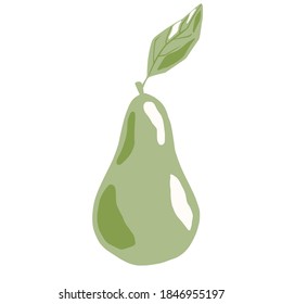 Green pear with twig and leaf isolated on white background. Whole pear hand drawn in doodle style vector illustration.