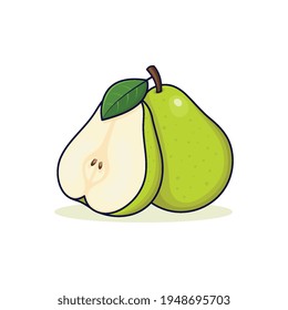 Green pear vector illustration with half piece of pear