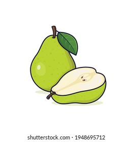 Green pear vector illustration with half piece of pear