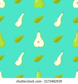 Green pear vegan fruit vector flat seamless pattern. Tasty summer fruits background. Pear taste. Colorful flat style cartoon food wallpaper. Eco food. Vegetarian sweet fruit