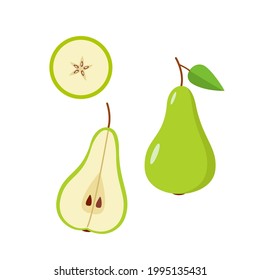 La pera verde es entera, con una rebanada de peras sobre un fondo blanco. Ilustración vectorial de las peras de frutas jugosas maduras