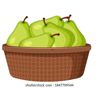 Green pears in the basket isolated on white background illustration