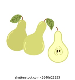 Green pears in flat cartoon design. Natural vitamin fruits whole and slice. Fresh ripe foods for summer picnic. Healthy delicious ingredient for vegetarian diet. Vector illustration isolated.