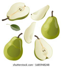 Green pears isolate on a white background. The fruits of the tree are pear, garden fruits. Sliced pears. Pear parts for packaging design. Vector image. - Shutterstock ID 1685948248
