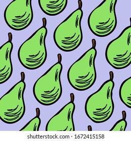 Green pears on blue background as natural vegan vegetarian food pattern illustration
