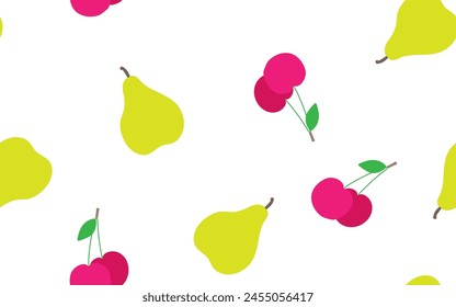 Green pears and red cherries isolated on a white background. Seamless pattern. Flat style. Background for paper, cover, textile, dishes, interior decor.