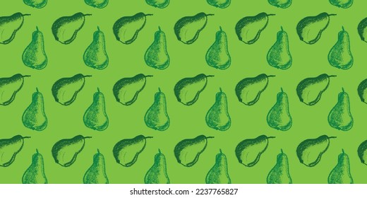 Green pears seamless pattern for fabric design. Organic pear for textile ornament. Fruit background for Vegan banner, label juice. Color pear drawings for jam packaging. Natural hand drawn wallpaper.