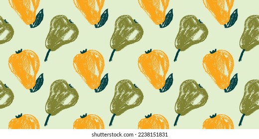 Patrón de peras verdes sin fisuras para el diseño de tela. pera orgánica para adorno textil. Fondo de fruta para la pancarta Vegan, jugo de etiqueta. Dibujos de pera color para el embalaje de mermelada. Papel pintado a mano natural.
