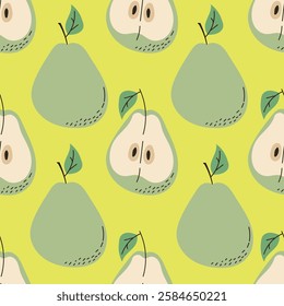 Green pears. Seamless pattern of pears, whole and sliced pears on green background. Cute flat style fruit pattern for fabric, textile and art projects. Vector illustration.