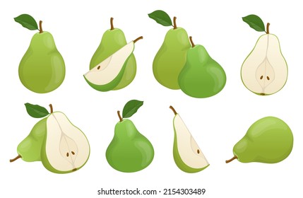 Se ponen peras verdes. Ilustraciones vectoriales de trozos y rodajas dulces maduras. Dibujo de frutas de huerto de jugo entero con hoja o cortado en blanco medio o cuarto aislado. Naturaleza, concepto de postre vegetariano