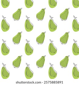 Green Pears in summer orchard pattern, hand drawn doodle drawing of stylized pears, harvest, summer juicy fruits. Orchard.