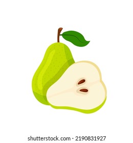Green pears vector illustration. Cartoon isolated whole fresh sweet organic pear with leaf on stem, ripe juicy fruit cut in half, healthy sweet delicious antioxidant snack of summer and autumn season