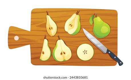 Green pears whole and half cut slices with knife on cutting board. Vector illustration isolated on white background