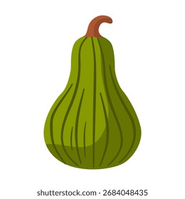Calabaza verde en forma de pera con tallo marrón sobre fondo blanco, cosecha de otoño, verduras de temporada y decoración rústica