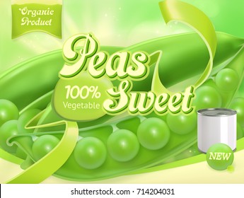 Green Peas. 3d realistic vector, package design