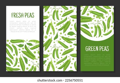 Green peas banner templates set. Healthy natural organic product, green peas label and packaging design cartoon vector