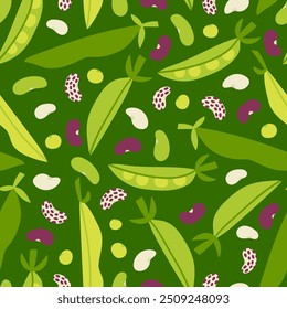 Green peas and beans seamless pattern. Fresh vegetable legume print for kitchen, menu, food package design. Hand drawn flat vector illustration. Healthy cute high protein organic product.