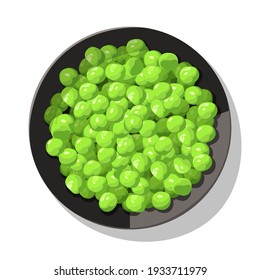 Pois verts dans un bol noir sur fond blanc. Plaque pleine et profonde de grains mûrs dans le style de dessin animé. Image vectorielle isolée pour l'ingrédient de cuisson, cuisine, illustration de produits biologiques et agricoles, création de menus.