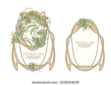 Green peas. Branch with leaves and pods with peas. Border, frame, template for menu page, product label, cosmetic packaging. Vector illustration. In art nouveau style, vintage, old, retro style.